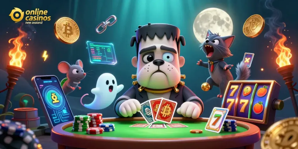 Experience the excitement of online casinos New Zealand as a Frankenstein bulldog deals cards at a spooky table.