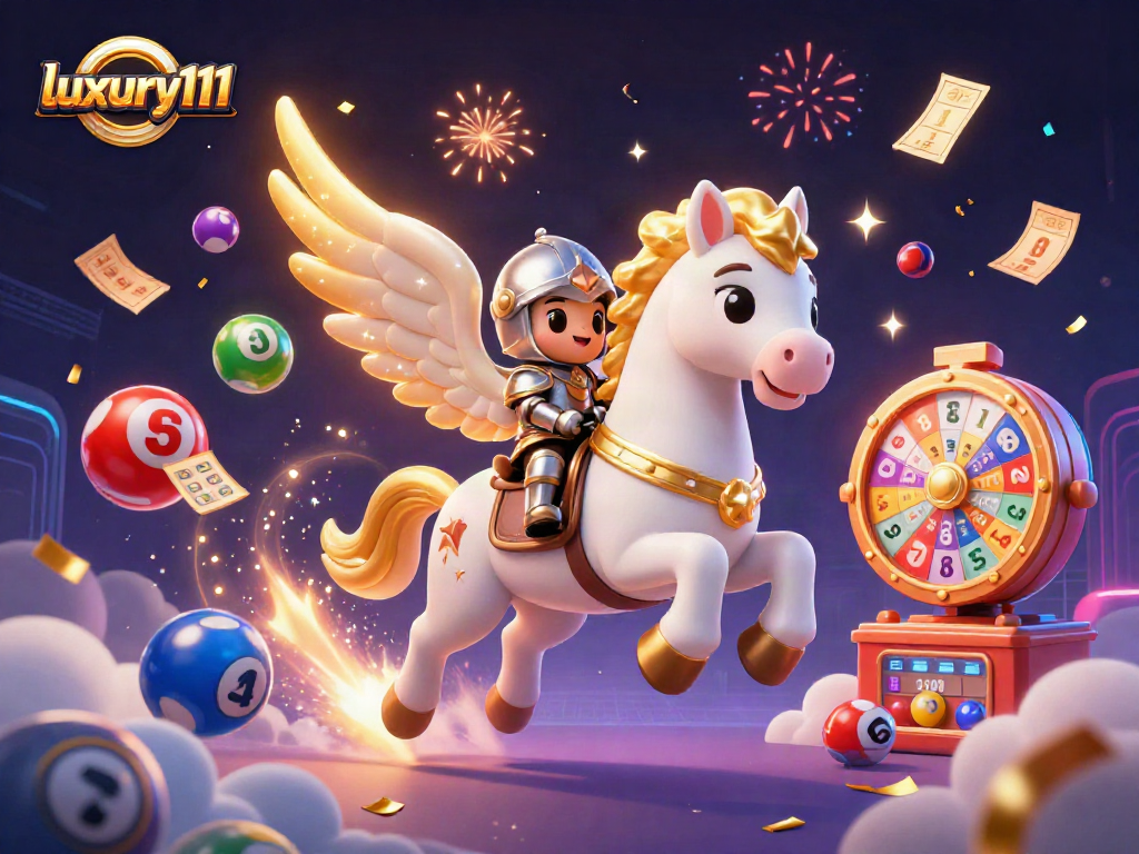 Experience luxury111 with dynamic lottery elements flying around in a vibrant casino adventure.