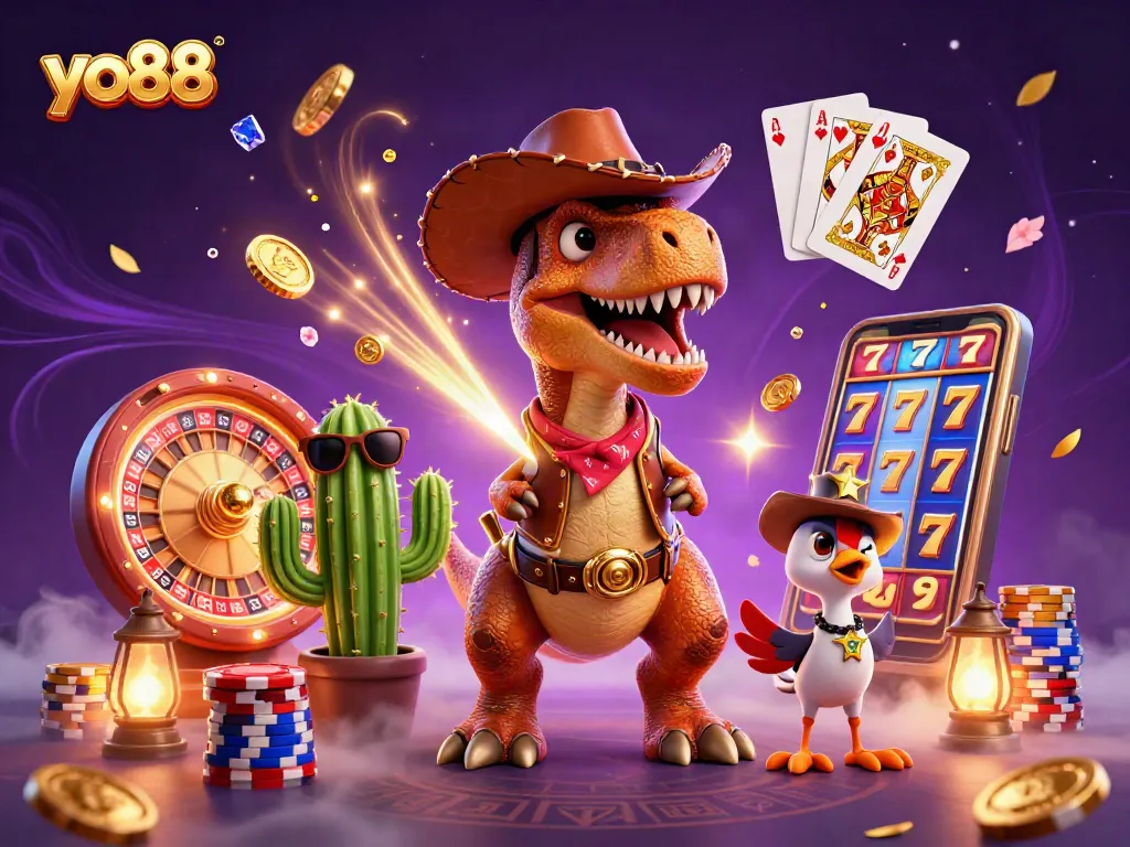Engage in exciting casino adventures at yo88 with the roaring T-Rex and sparkling winnings.