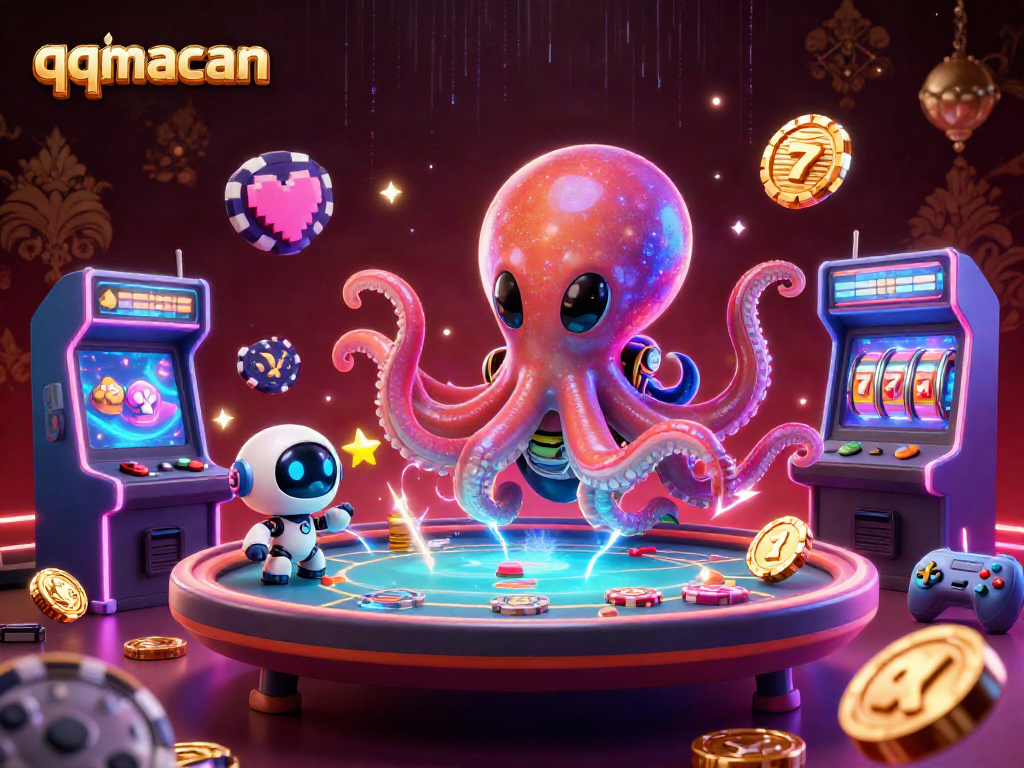 Engage in thrilling poker action with qqmacan at a holographic poker table, while asteroid chips orbit around lively characters.