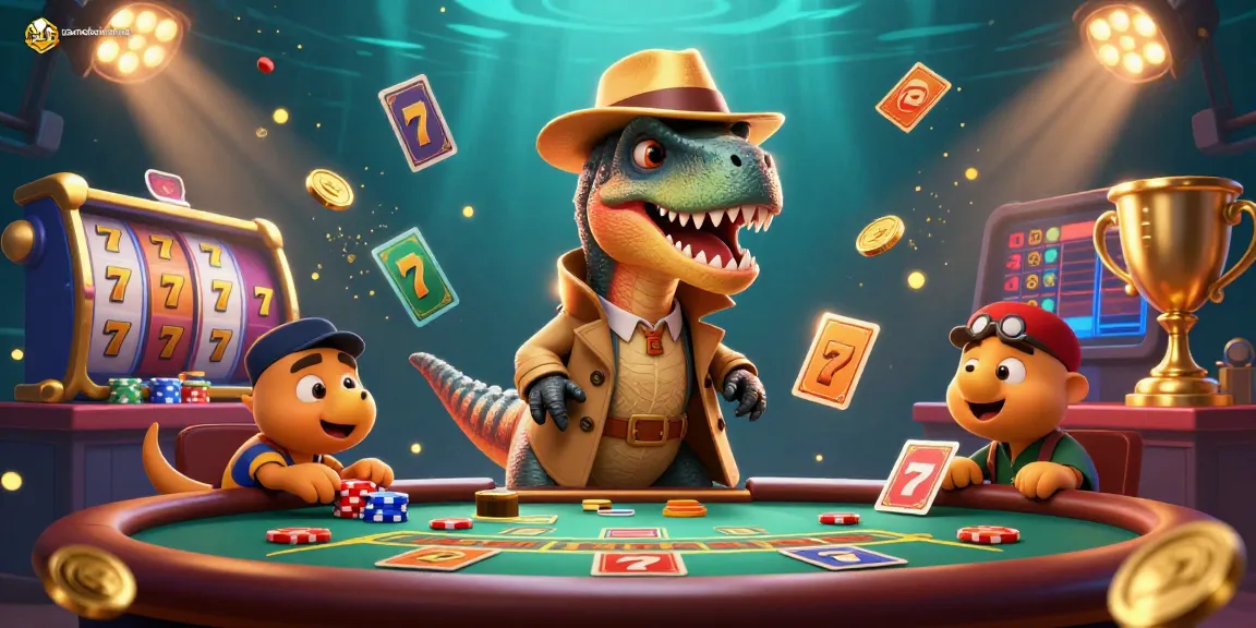 Experience gamebaiionline at a thrilling blackjack table, featuring a cunning velociraptor and colorful casino elements.