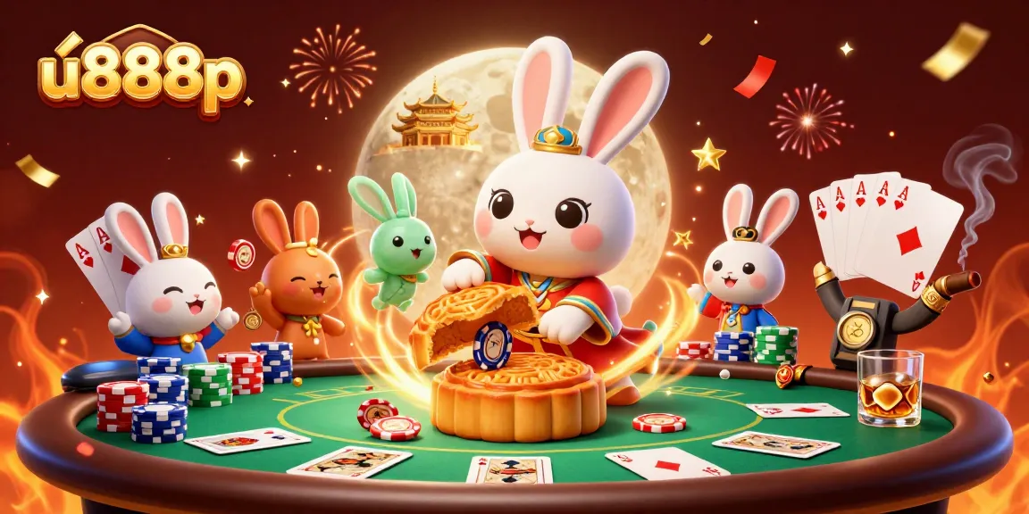 Engage with u888p's vibrant moon-themed casino world filled with poker chips and festive elements.