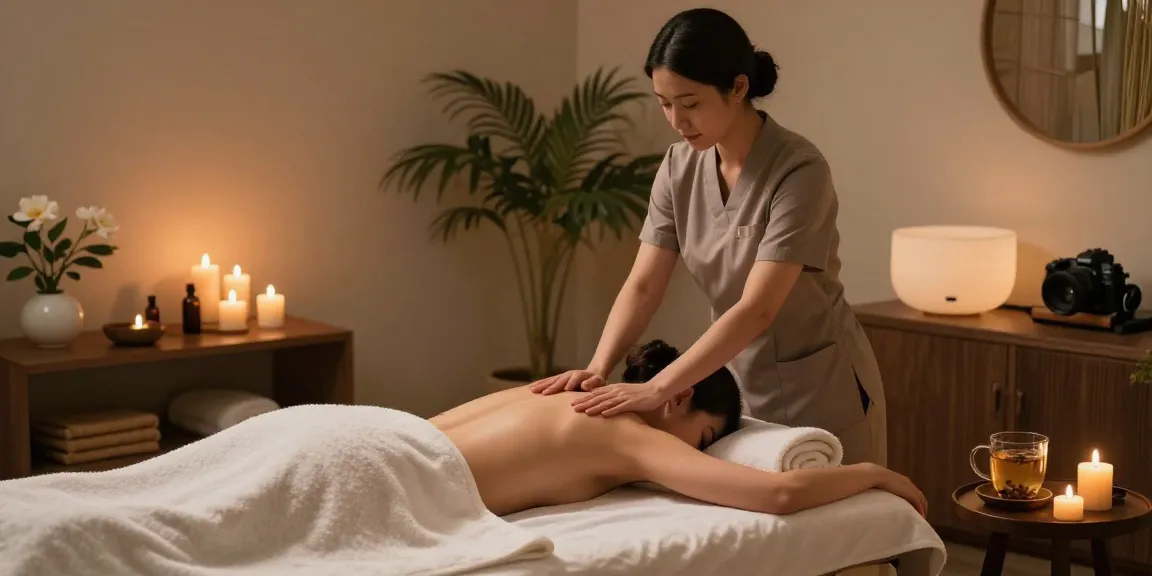 Relaxation space featuring therapist preparing for mantra88 body massage.