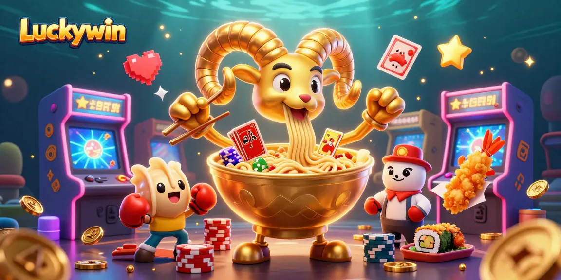 Engage with Luckywin's dynamic casino scene featuring a golden ramen bowl and entertaining game elements.