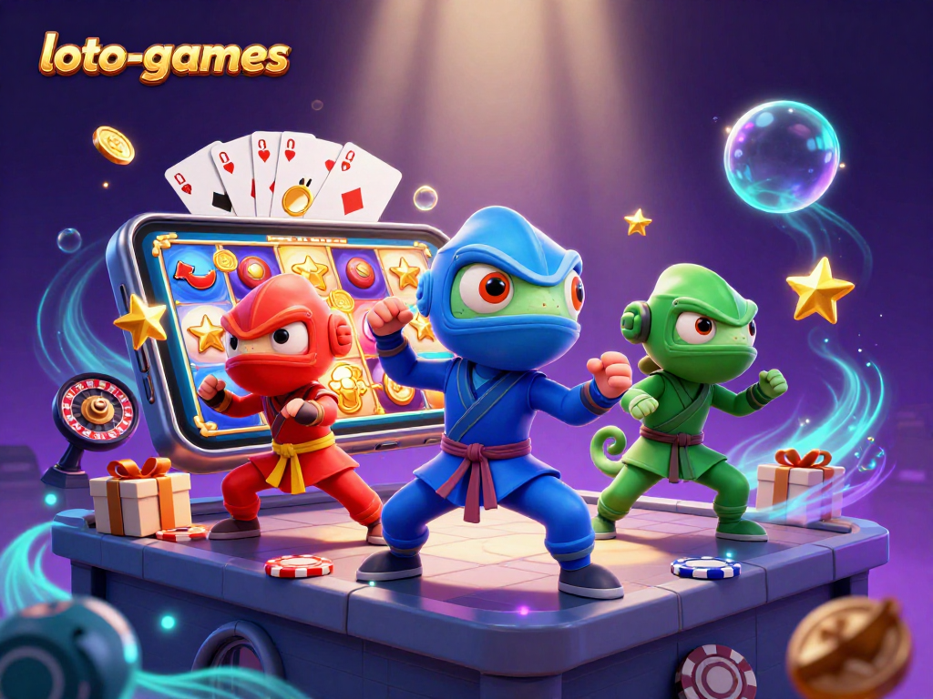 Loto-games showcases a thrilling 3D scene with ninja chameleons and slot games in action.