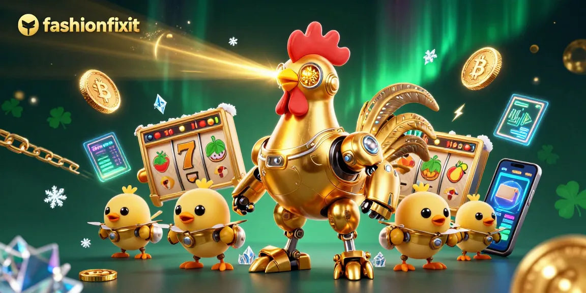 Engage with the thrilling 3D casino world of fashionfixit featuring a golden rooster robot and slot elements.