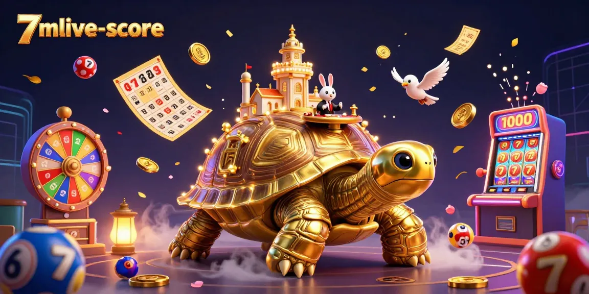 Engage with 7mlive-score's thrilling 3D casino scene featuring a golden tortoise and vibrant lottery elements.