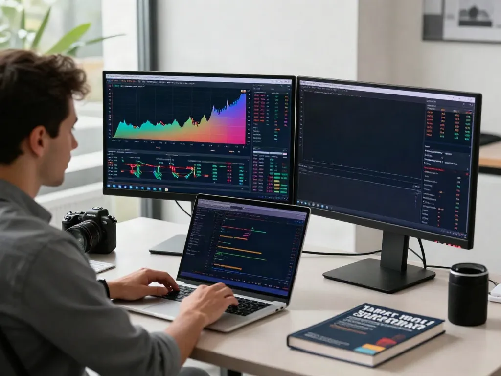 Trader using MetaTrader 5 platform in a modern workspace with dual monitors.