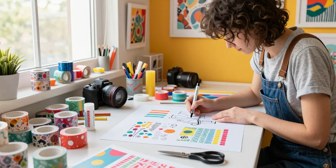 Crafting with custom washi tape in a bright artist studio, showing creative process and vibrant workspace elements.