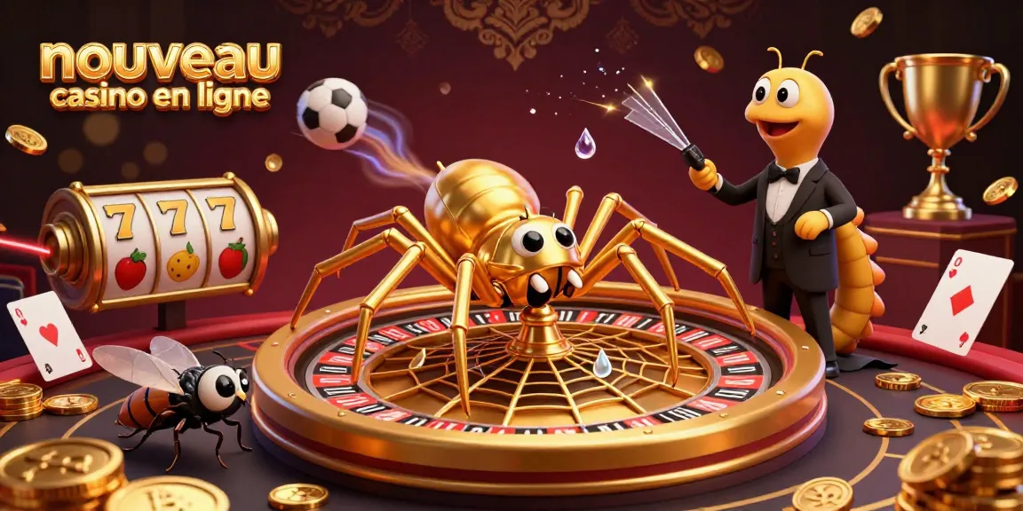 Nouveau casino en ligne : une illustration de jeu dynamique avec une araignée dorée et des éléments de roulette.