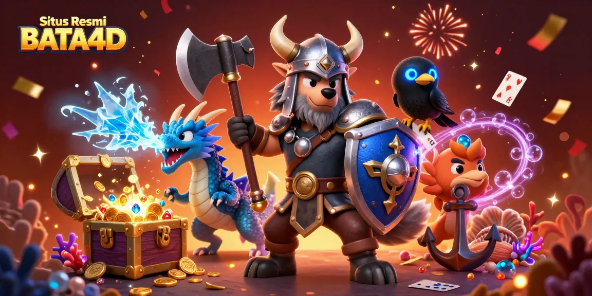 Situs Resmi BATA4D showcases a lively casino scene with a Viking warrior, fierce dragon, and vibrant game elements