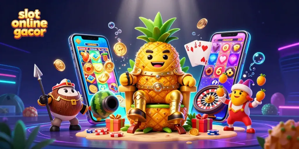 Spin the reels in a vibrant slot online gacor scene with a golden pineapple king and colorful characters.
