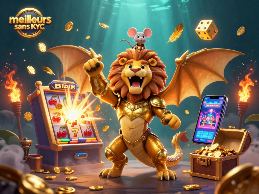 Meilleurs casino sans KYC avec une chimère dorée et un rongeur audacieux, symbole de victoire.